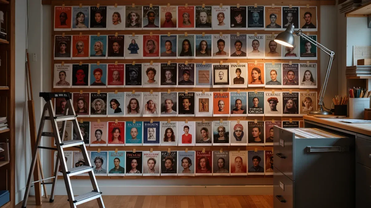 Studio wall covered with pinned book cover printouts