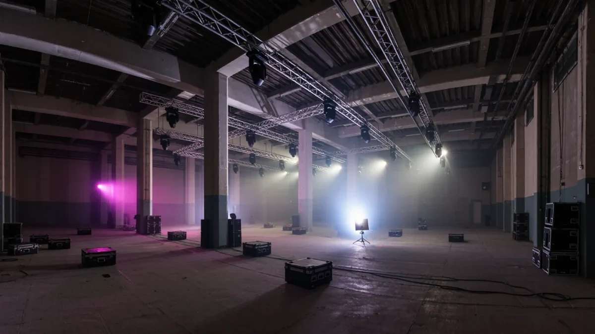 Empty industrial warehouse rave venue before opening