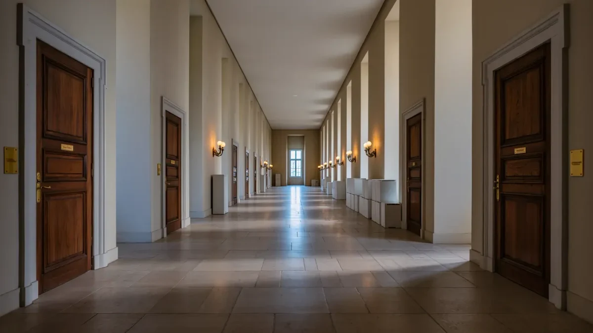 Museum corridor with closed gallery doors in soft morning light