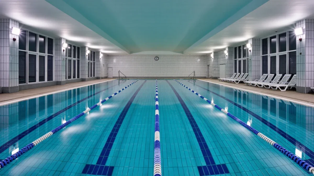 Empty swimming pool complex lit for early morning training sessions