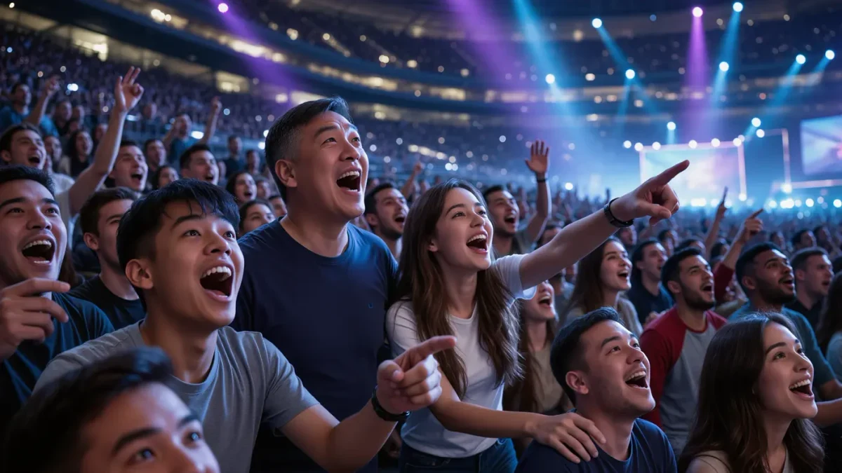 Fans in a packed esports arena watching a glowing opening-week stage