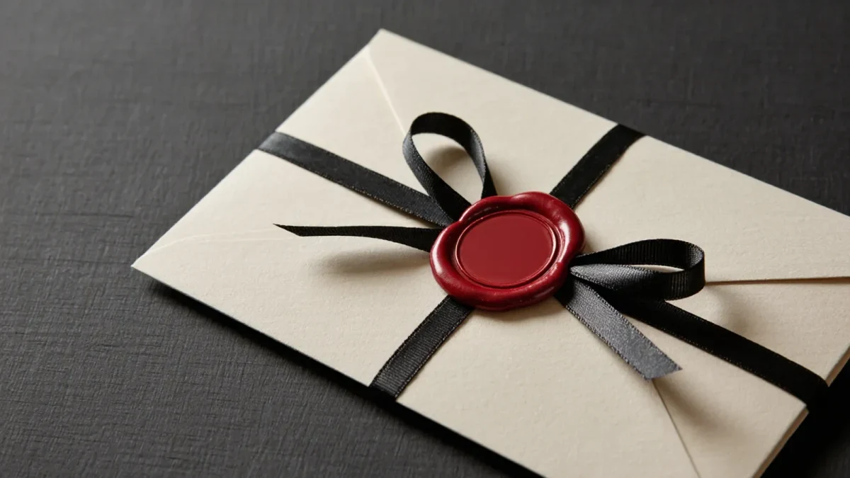 Wax-sealed envelope with grosgrain ribbon under studio light