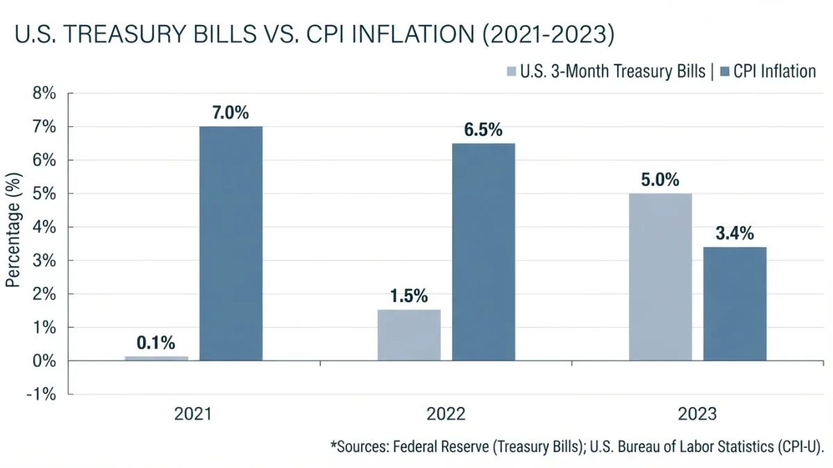 Bar chart comparing Treasury bill returns with CPI inflation across 2021 to 2023