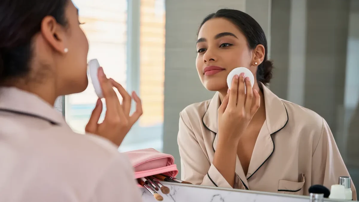 Woman pressing translucent powder along her jaw in front of a bright mirror