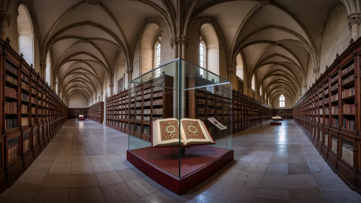 Illuminated manuscript in a glass case inside a vaulted university library