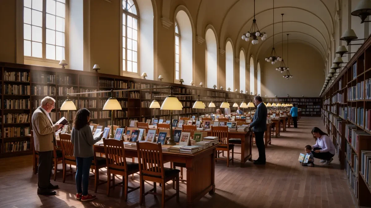 Readers of different ages browsing fiction shelves in a sunlit public library