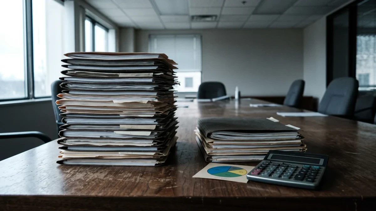 Contract documents on a table split between two stacks