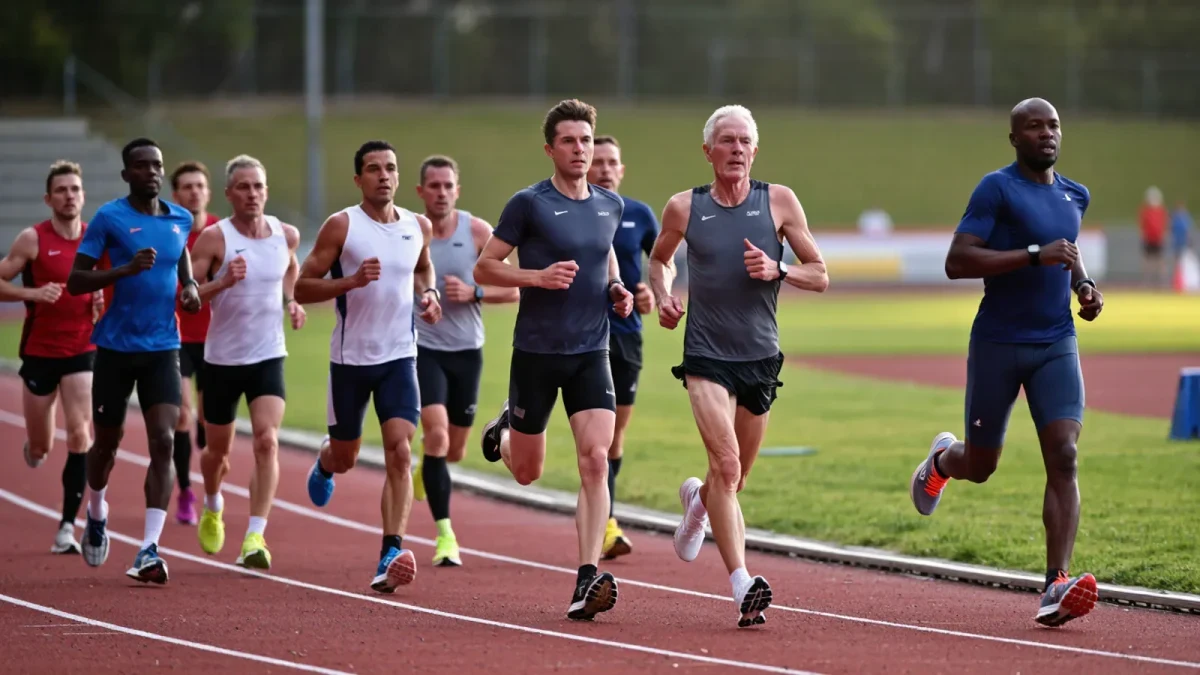 Distance runner mid-tempo effort on a misty morning track