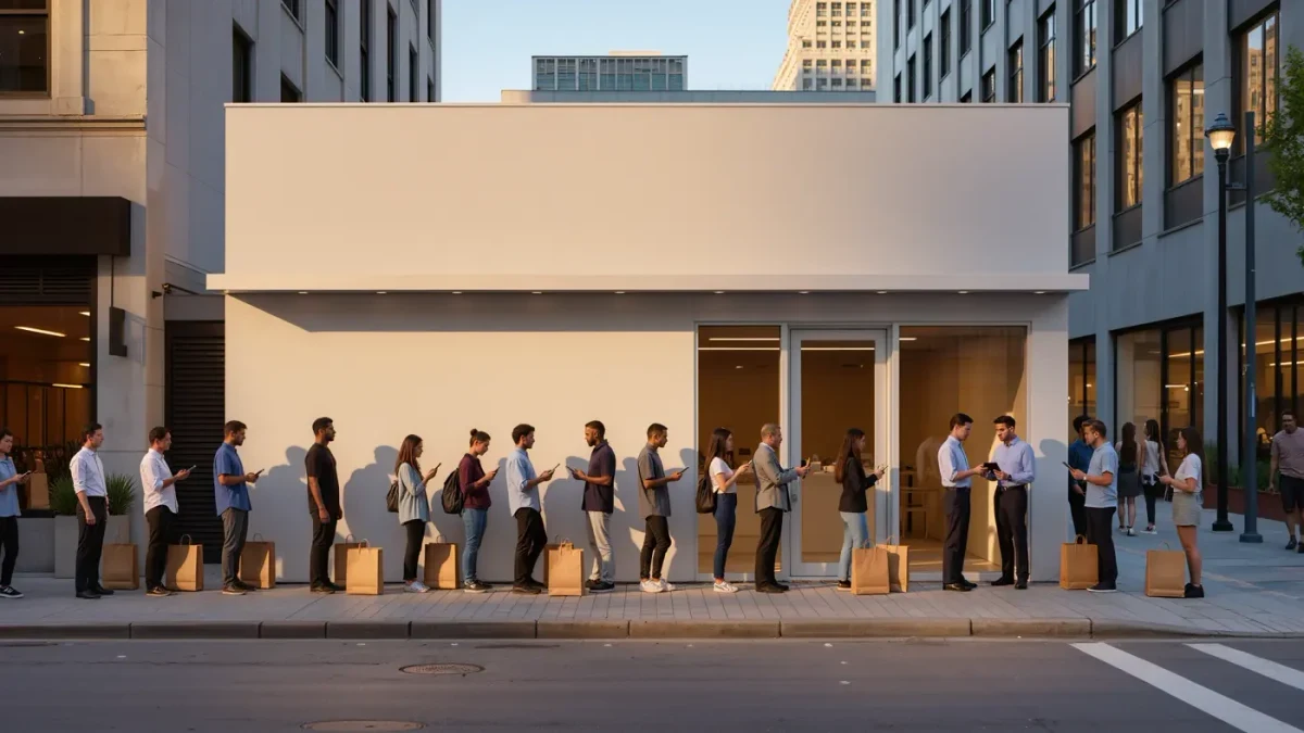 Diverse crowd queuing down a city block outside a boutique for a bag drop