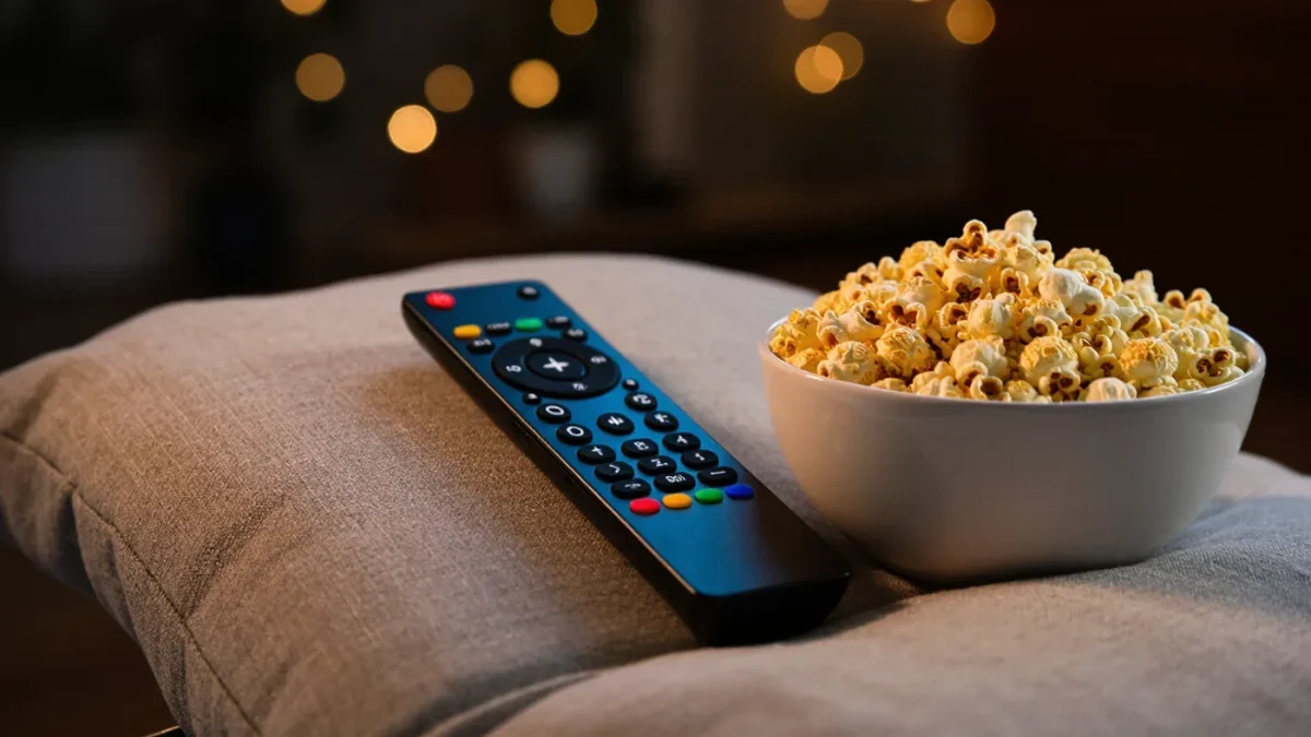 Remote control resting on a couch cushion beside popcorn