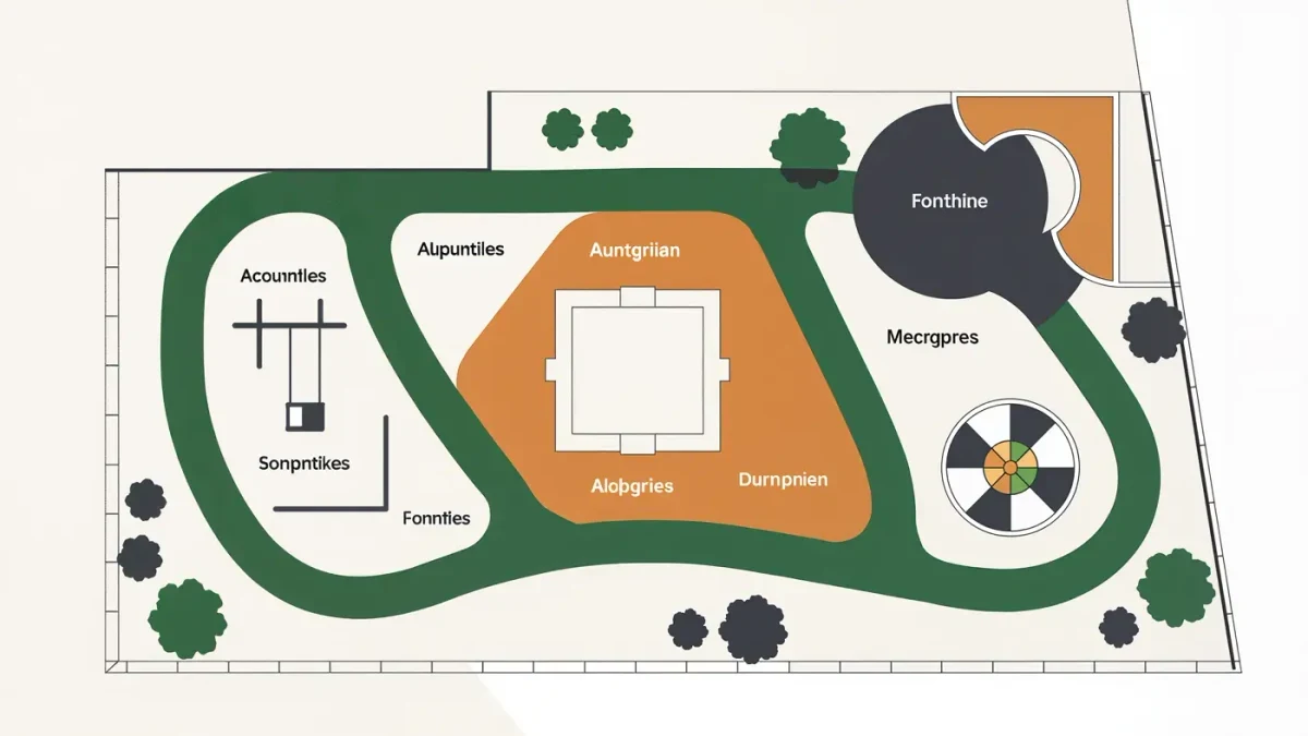 Editorial diagram of an inclusive playground layout with labeled play zones