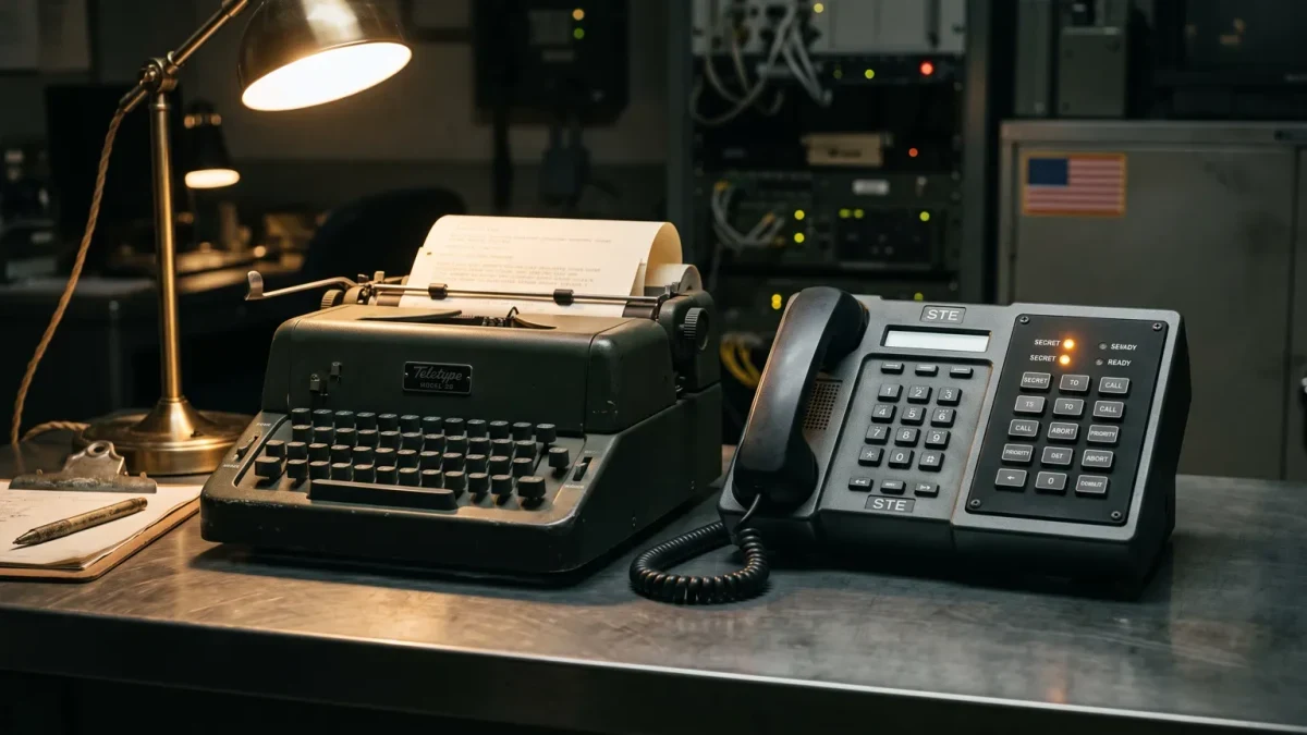 Teletype machine and secure phone on a desk in a dim message room