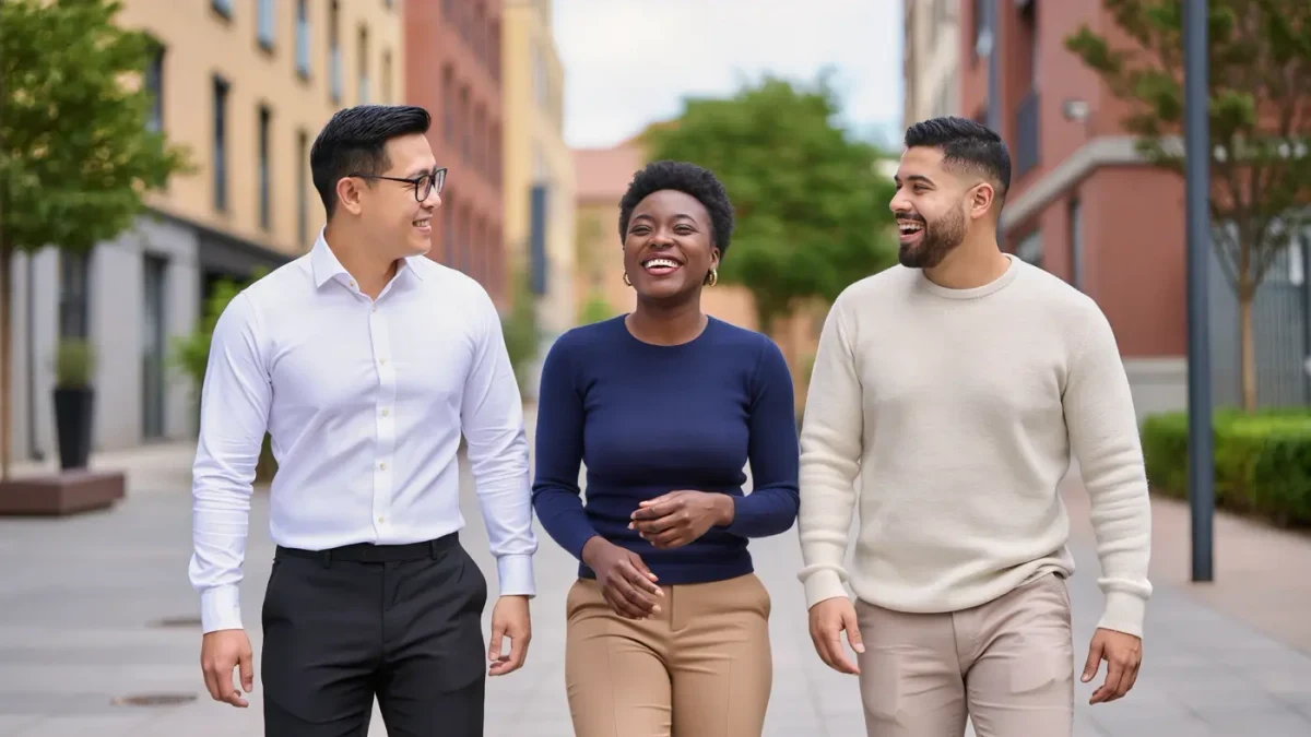 Three friends standing together wearing high, medium, and low contrast outfits