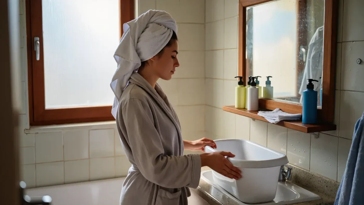 Woman reaching for a plain white cream tub on a crowded bathroom shelf