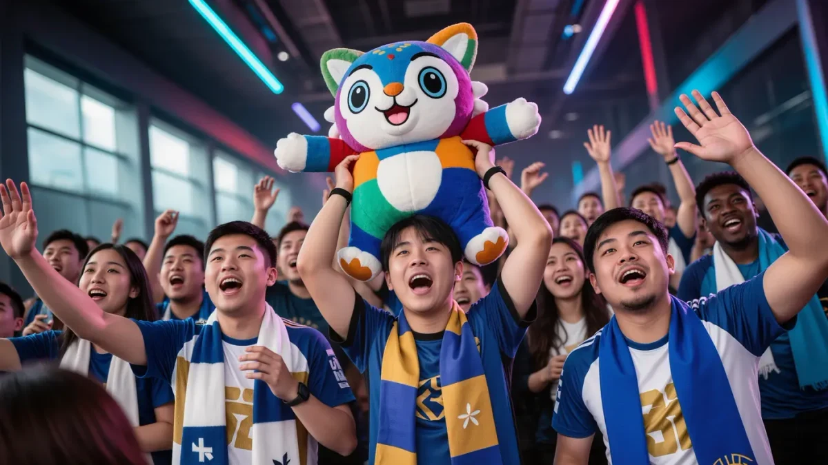Fans in team-color apparel reacting together inside an arena concourse