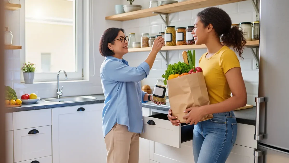 Two friends organizing a bright kitchen pantry with high-contrast labeled glass jars