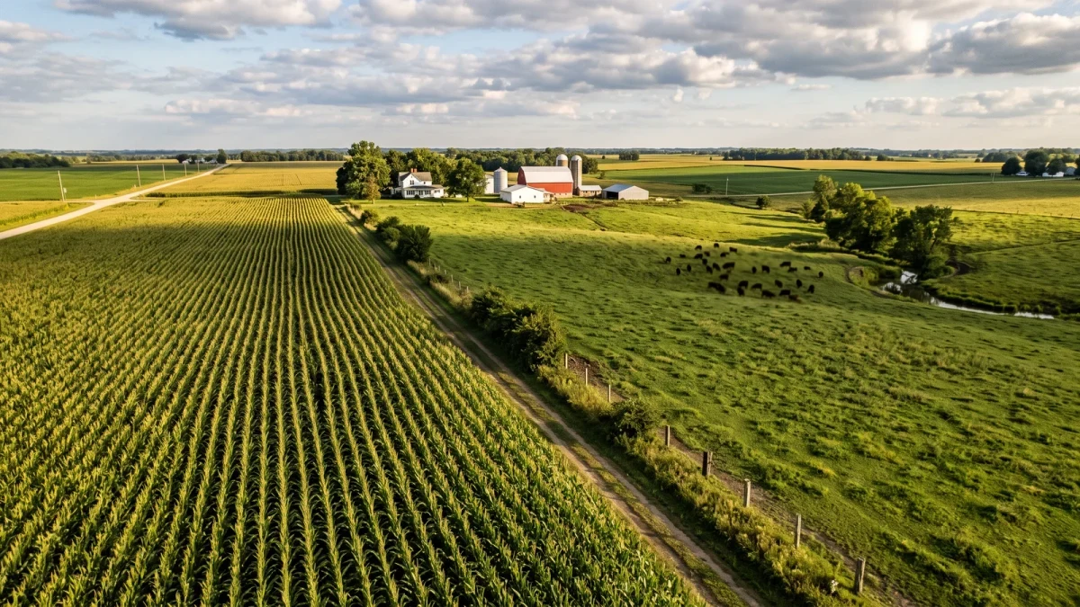 Diversified farm landscape with row crops and pasture meeting