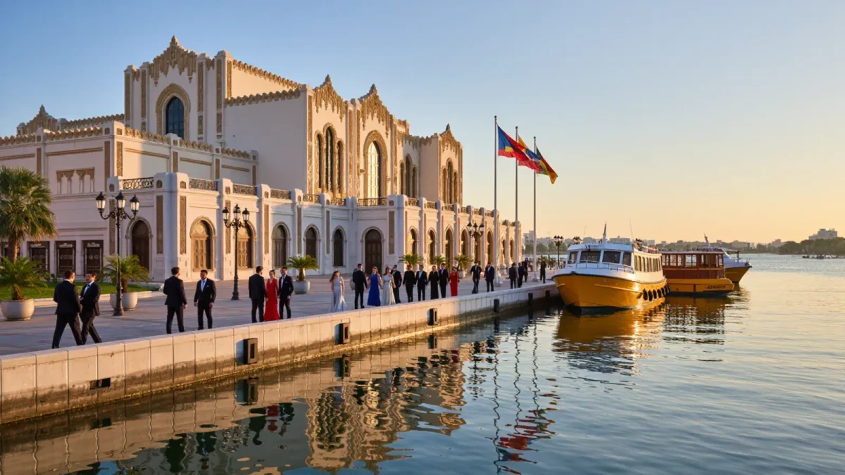 Festival guests walking beside a lagoon waterfront venue