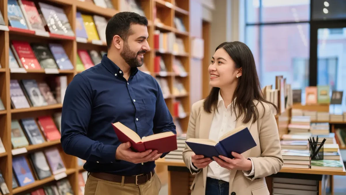 Writer and editor in conversation at a bookshop holding hardcover books