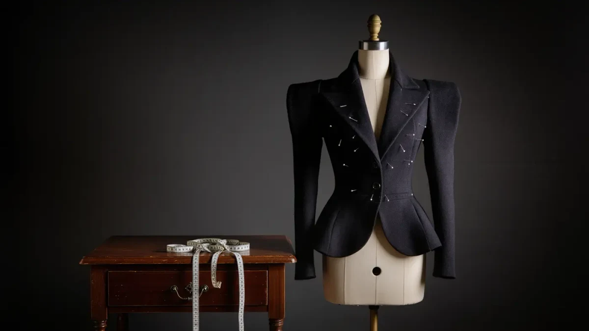 Photorealistic studio close-up of a sculptural black tailored jacket with dramatic shoulders on a dress form, pins and measuring tape on a dark atelier table