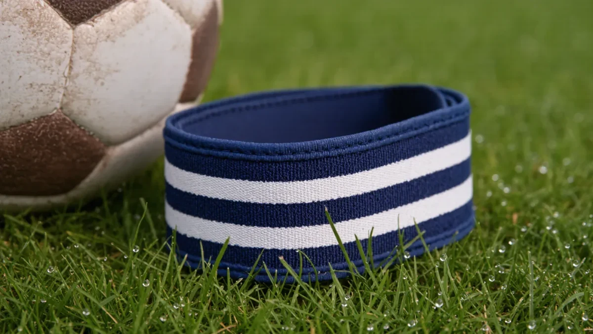 Close-up of a plain captain's armband resting on grass pitch