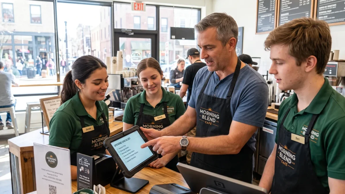New franchise owner training staff in a service storefront