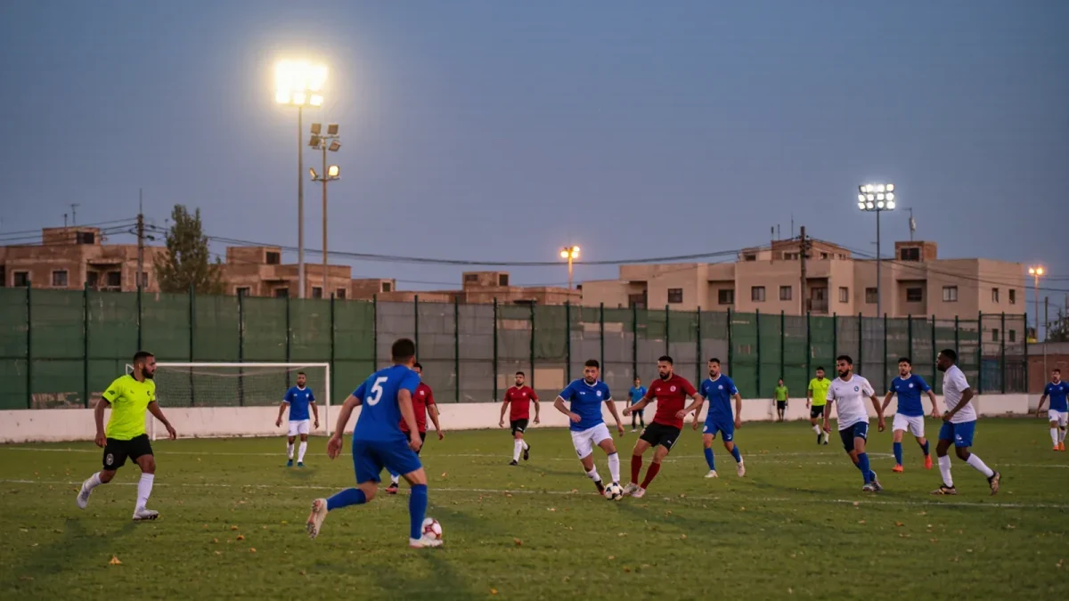 Young footballers competing in a small-sided evening match
