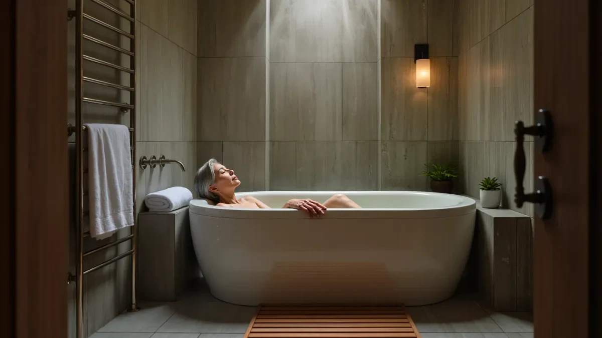 Spa-style home bathroom with teak mat and deep tub