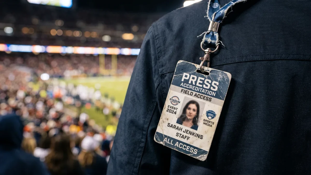 Close-up of a worn press credential on a reporter's jacket