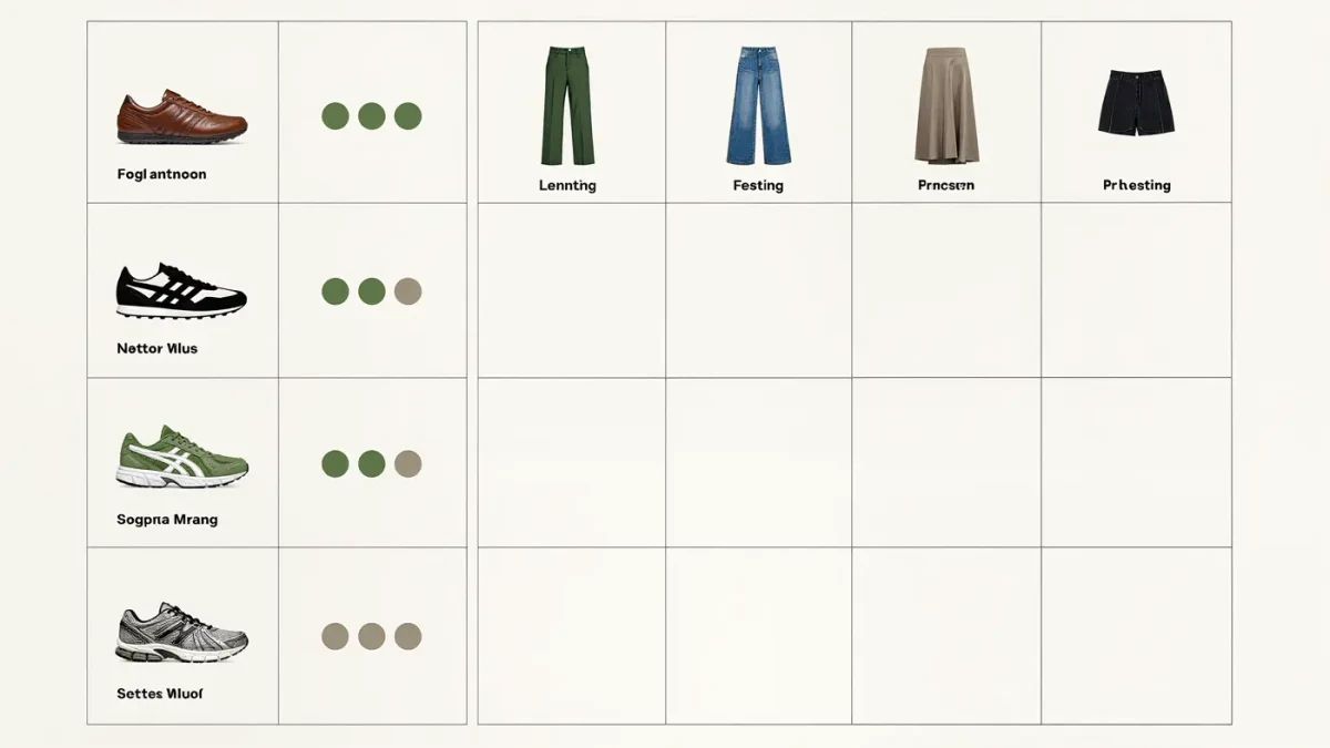 Editorial chart mapping sneaker types against outfit styles from tailoring to weekend denim