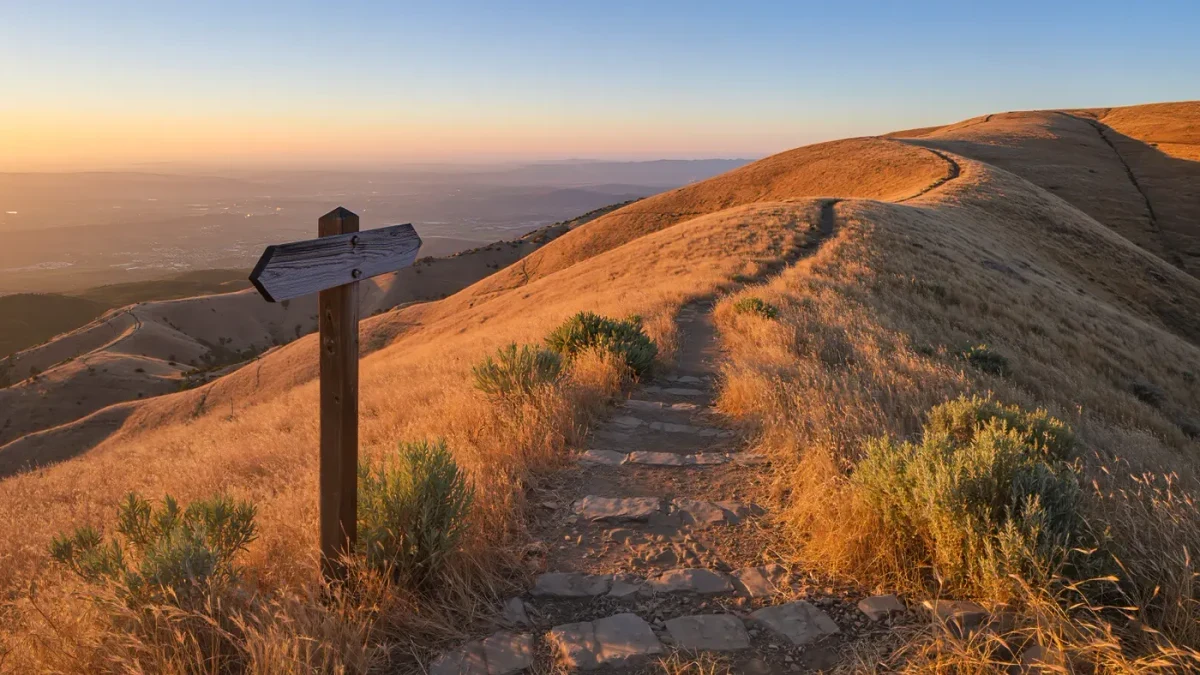 Hikers climbing a rocky hill trail in morning light