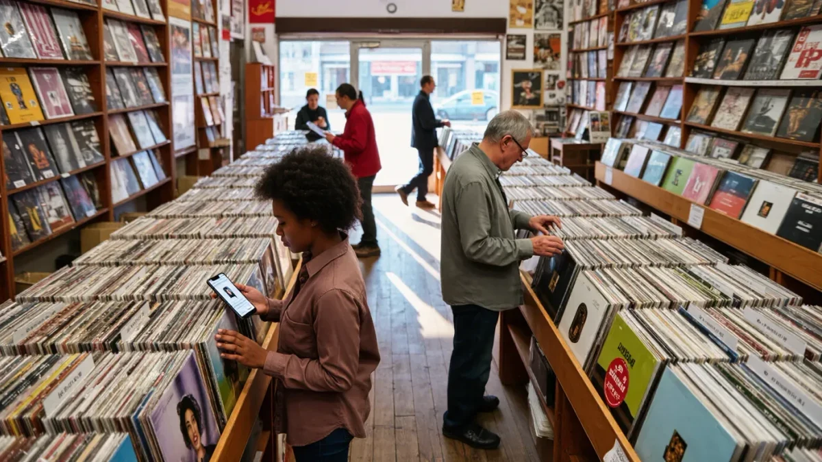 Collectors examining vinyl soundtracks at a record shop bin