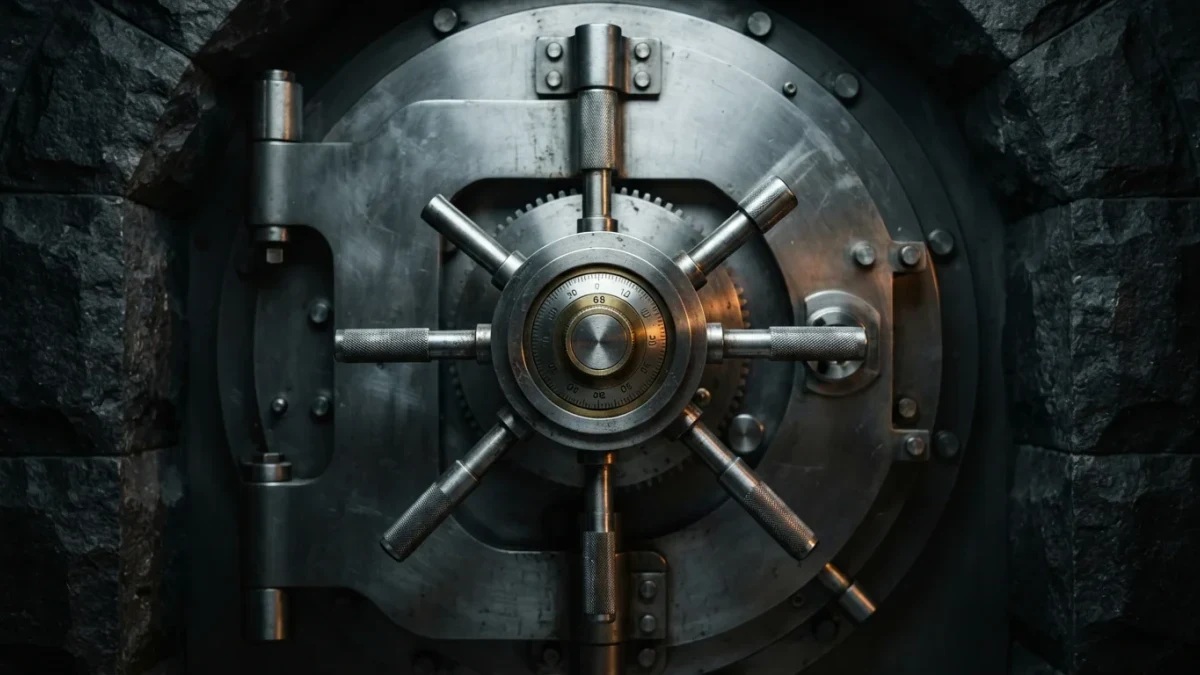 Close-up of a massive circular bank vault door