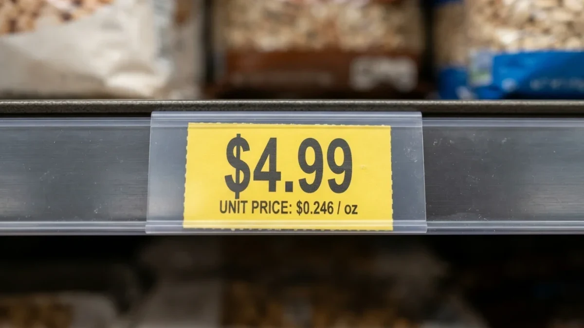 Macro shot of yellow unit-price tags on a grocery shelf edge