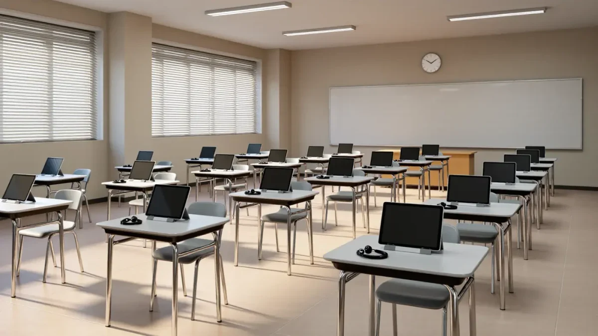 Empty testing room with tablets set up on desks