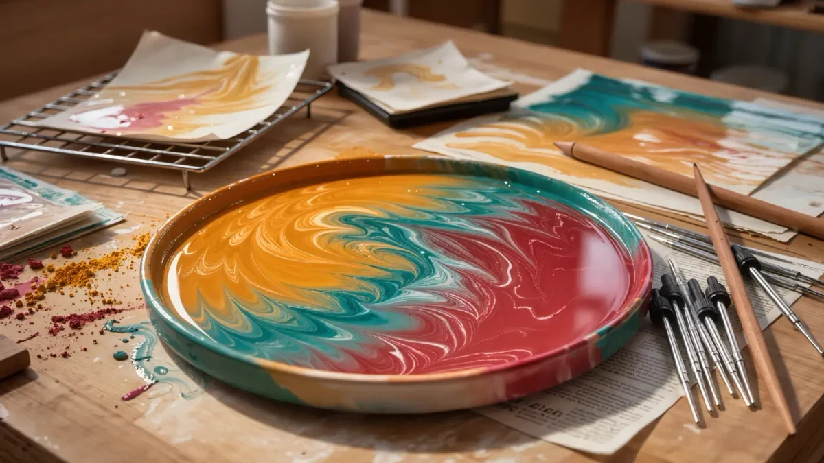 Marbling tray with raked pigment patterns and tools laid beside it