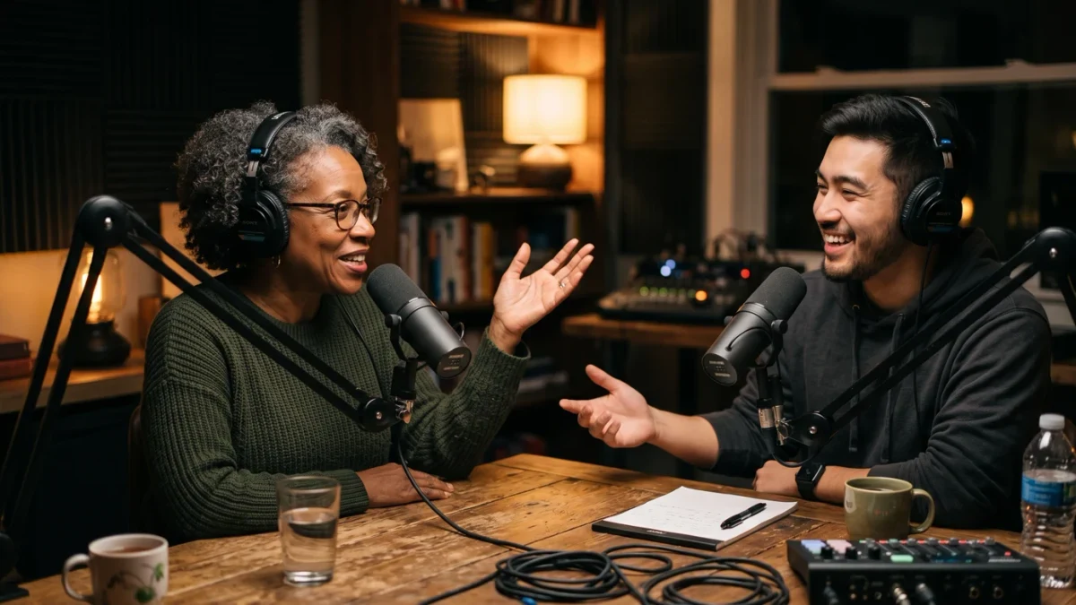 Two people recording a conversation at a podcast studio desk