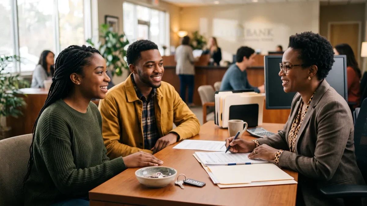 Homebuyer shaking hands with a loan officer at a community bank desk