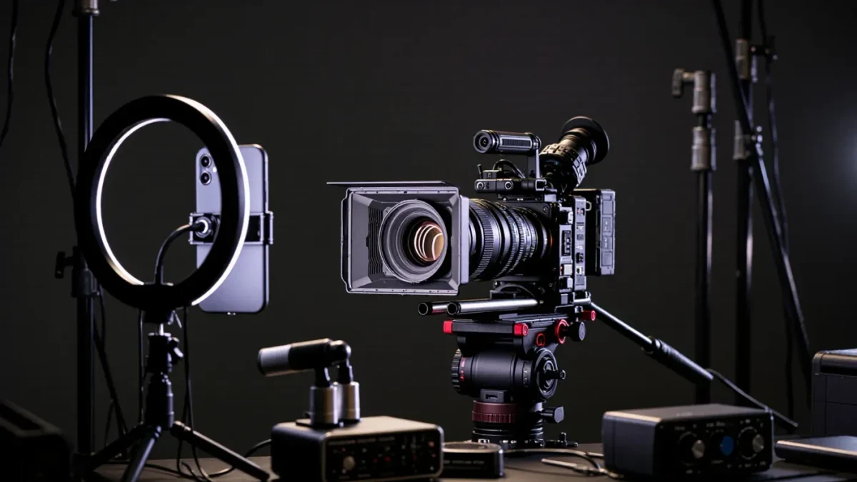 Studio camera and ring light facing each other on one set