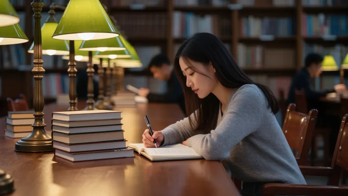 Young woman writing in a notebook at a lamp-lit library carrel