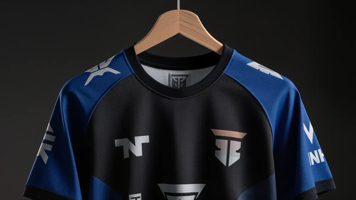 Close-up of a sponsor-decorated esports team jersey hanging on rack