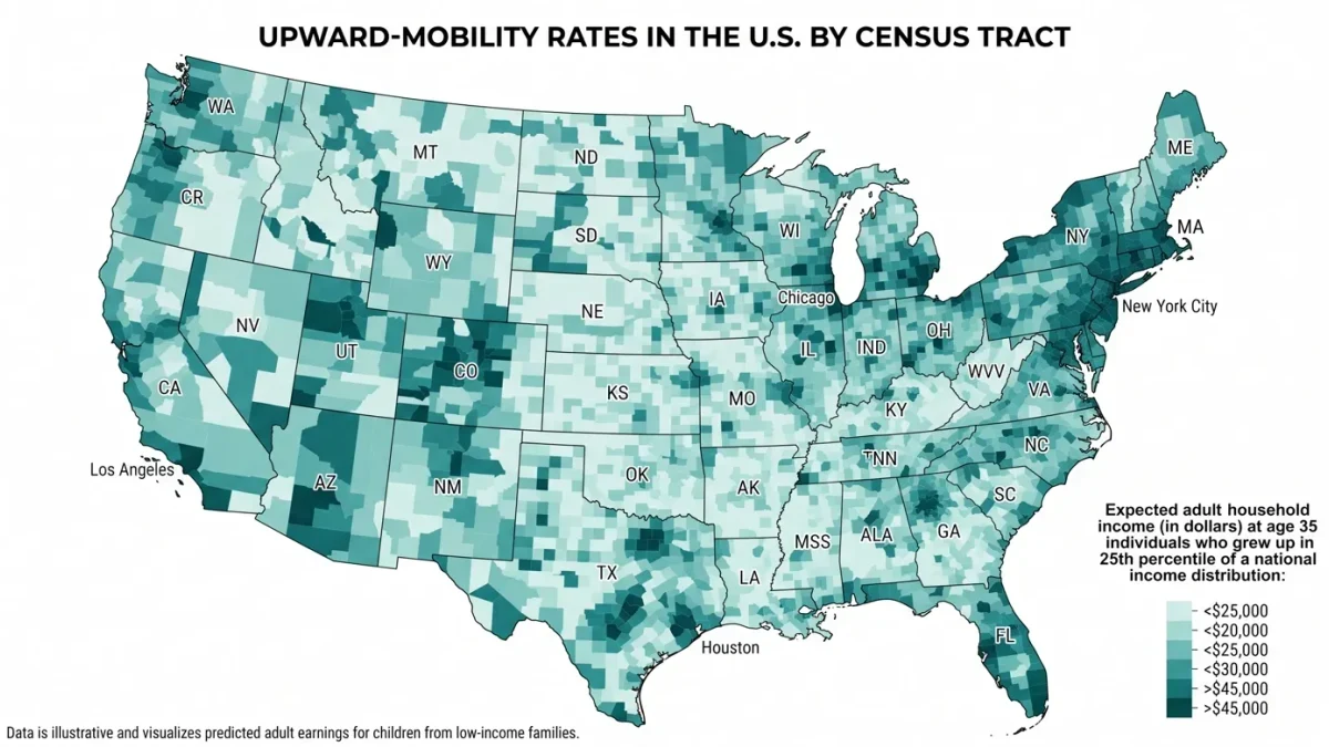 National map of tract-level mobility shading from low to high