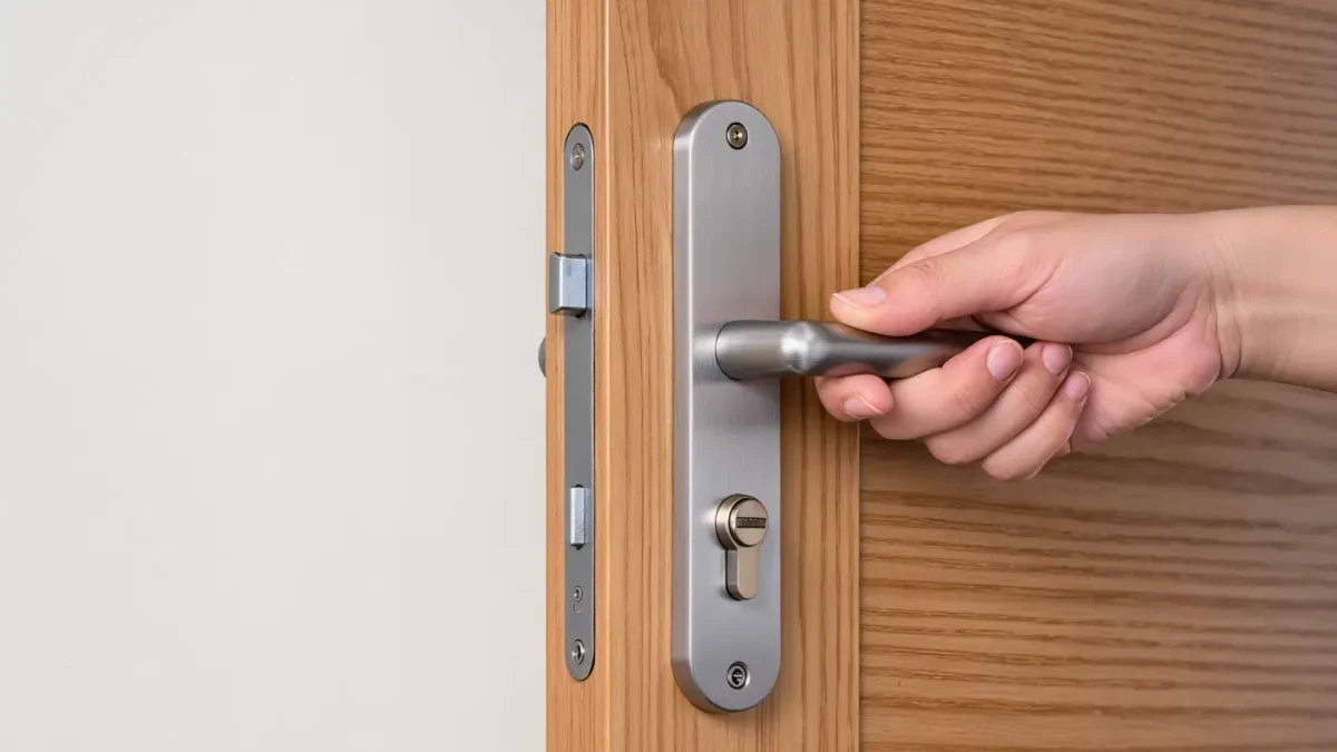 Close-up of a lever door handle on an apartment door