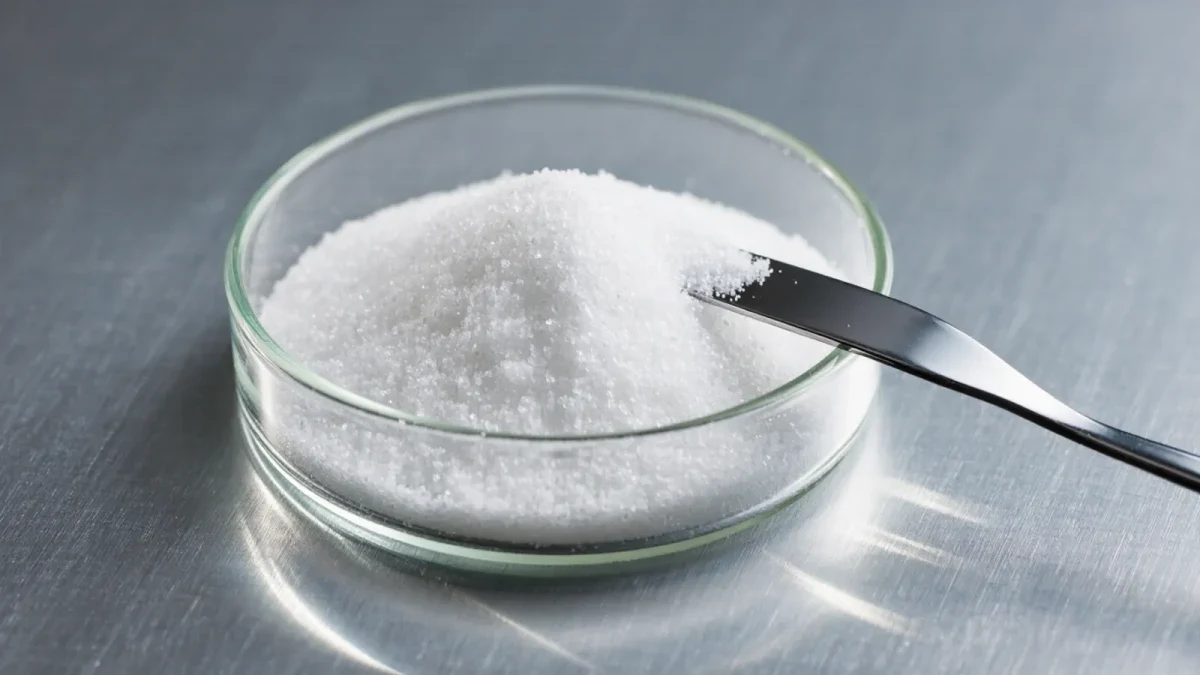 Close-up of white crystalline beta-alanine powder on glass dish