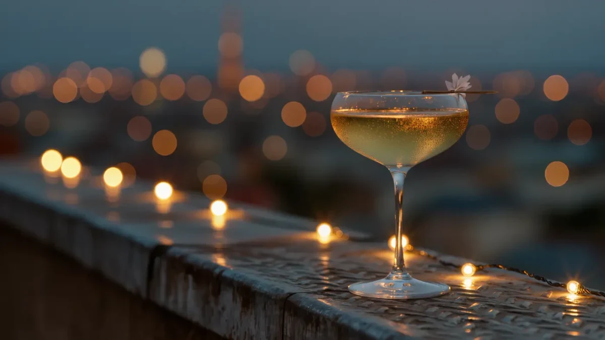 Close-up of a cocktail coupe on a rooftop ledge with evening skyline behind