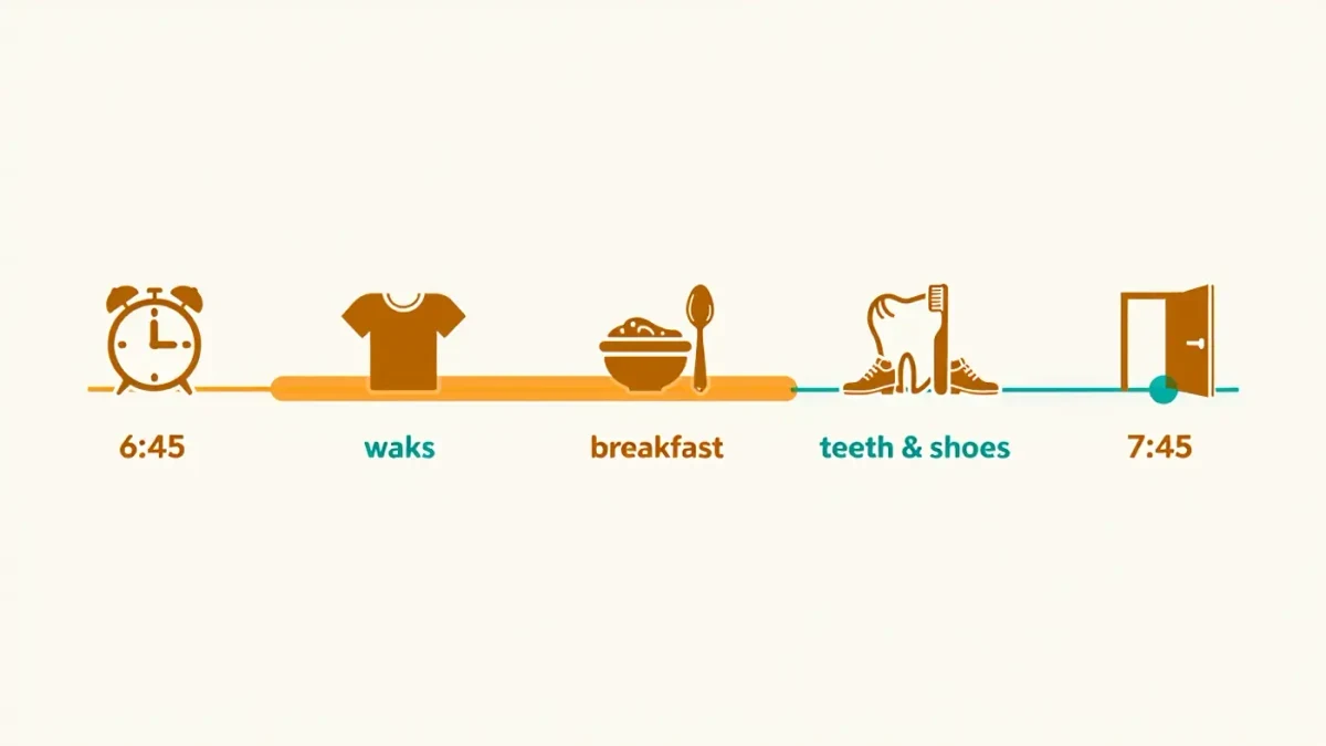 Timeline graphic of a school morning from wakeup to door