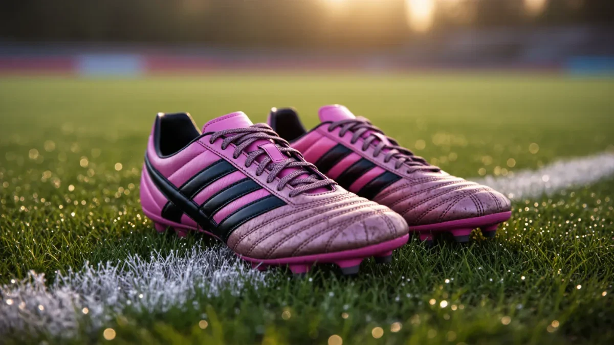 Worn pink and black soccer cleats on dewy training grass