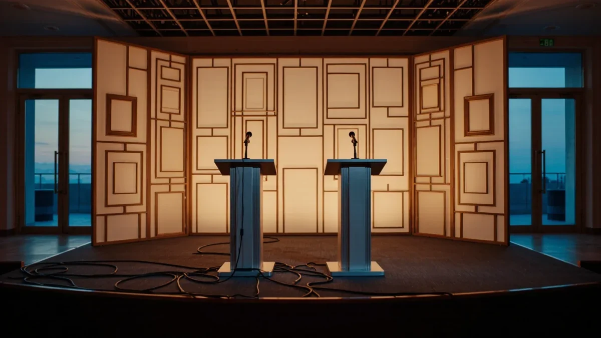 Stage with microphones before a pre-dawn announcement