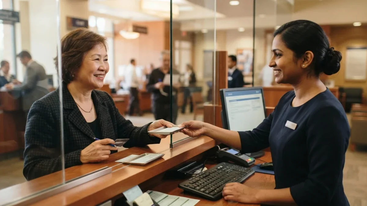 Bank teller helping a customer at a branch service window