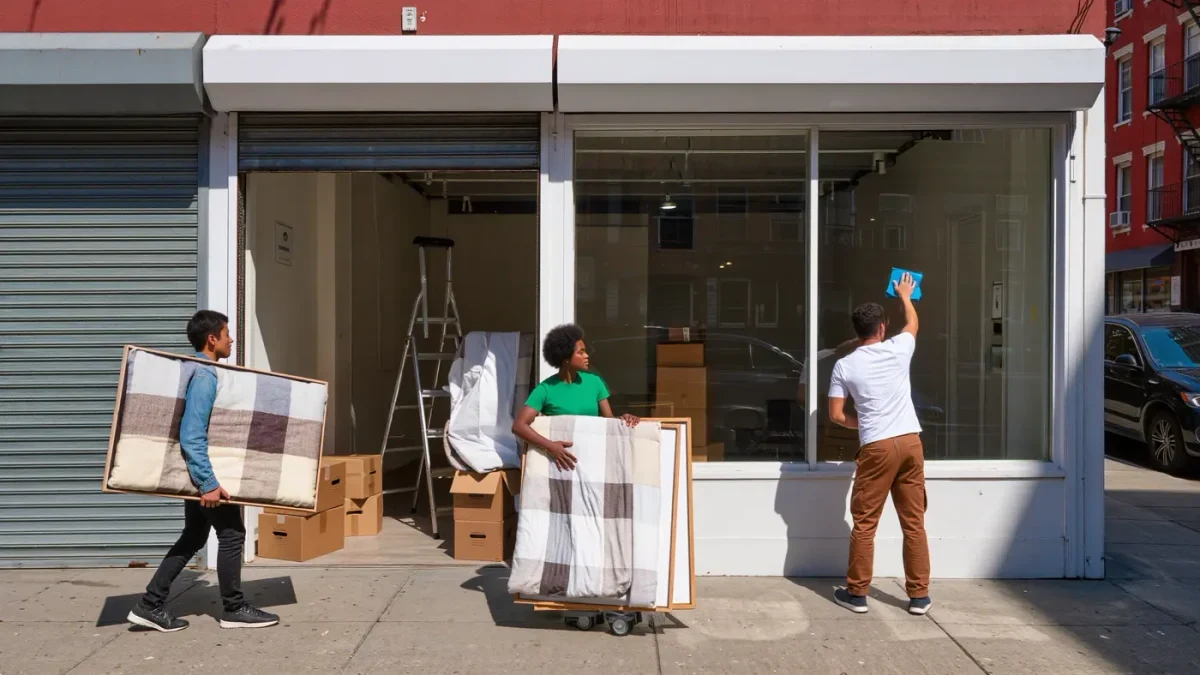 Artists unloading artwork into an empty storefront space